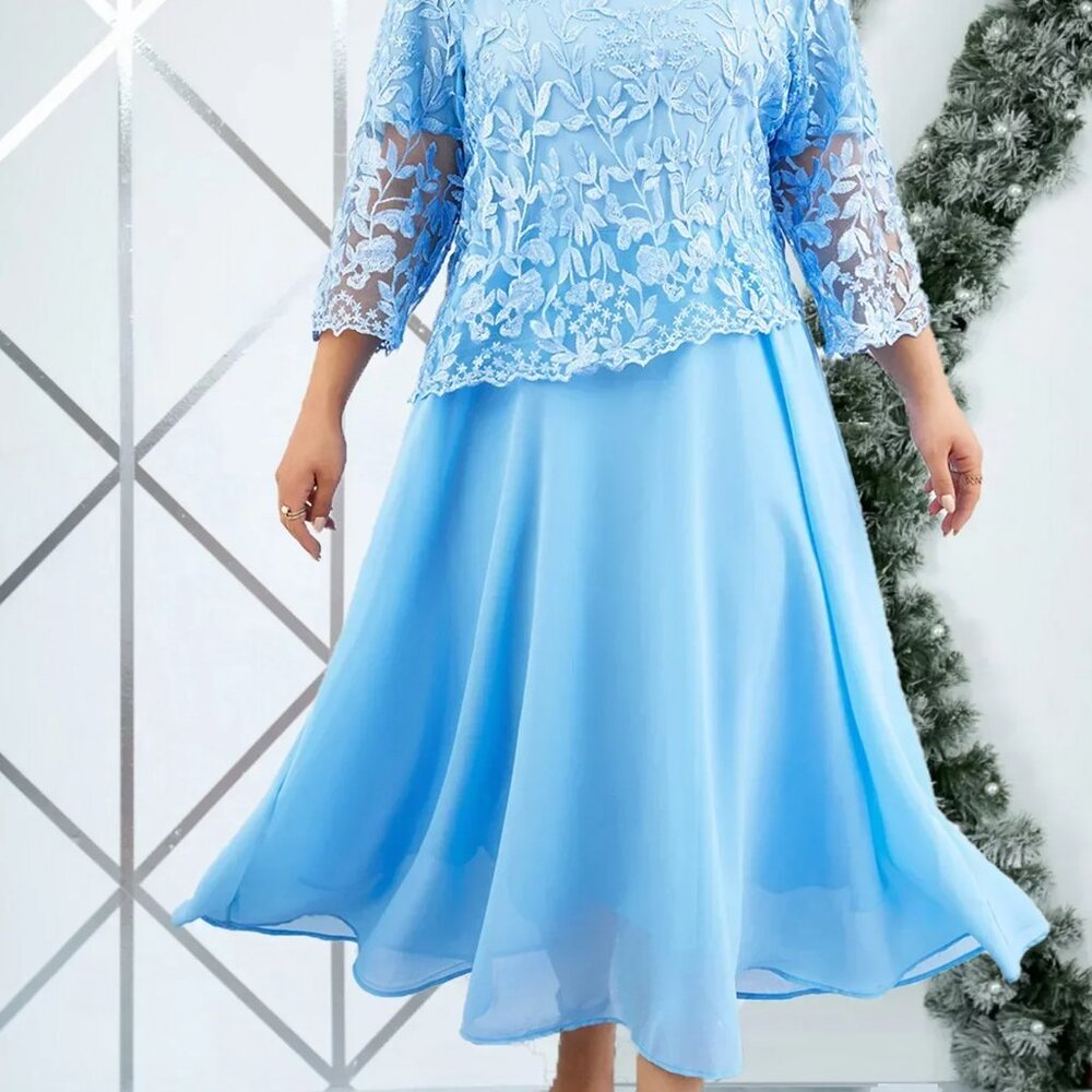 Women Plus Size 3/4 Sleeve Embroidery Floral Formal Wedding Party Long Dress,3XL